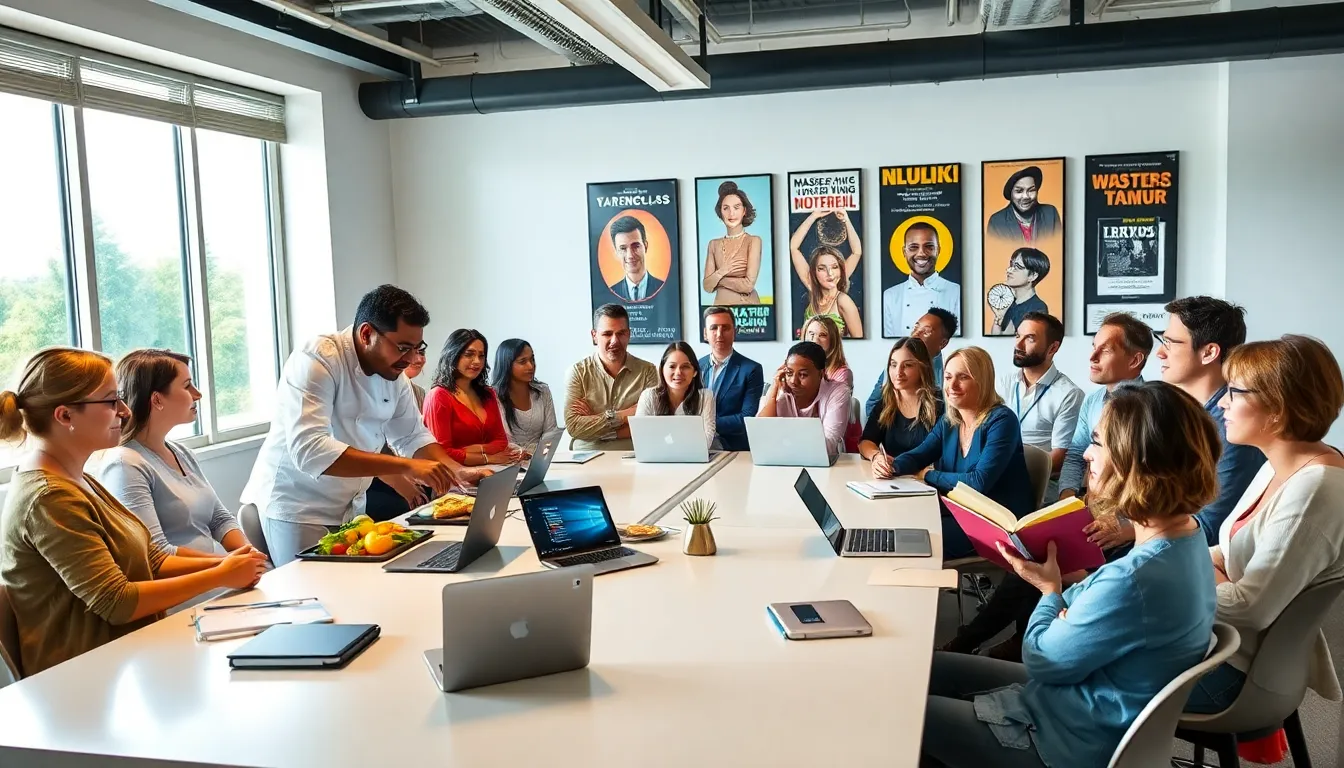 a diverse group learning from a chef and an author in a modern classroom.
