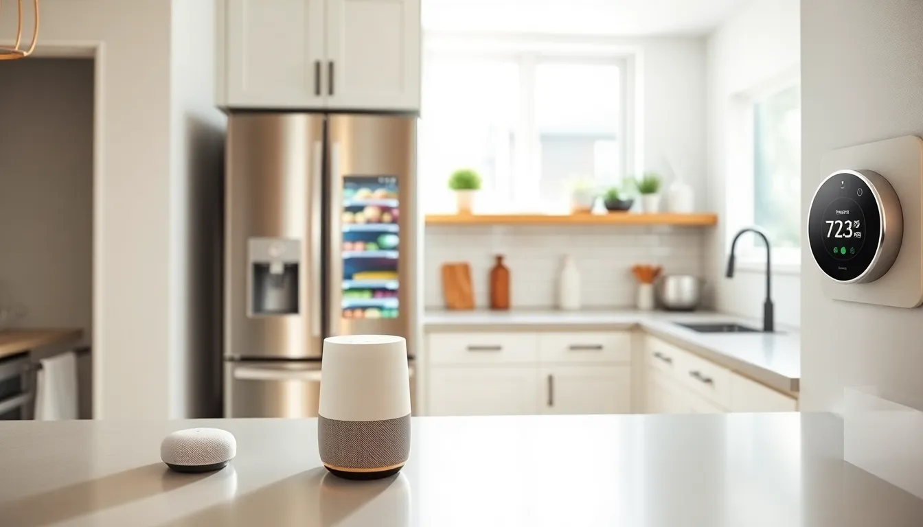 modern kitchen with various smart home gadgets.