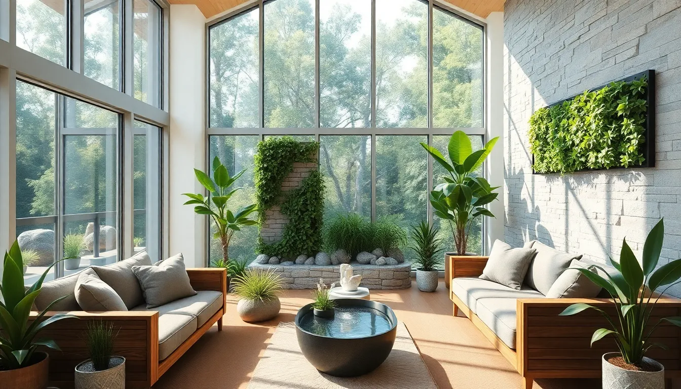 modern living room with biophilic design and indoor plants.