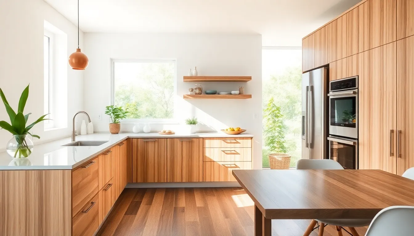 a modern kitchen with sustainable materials and energy-efficient appliances.